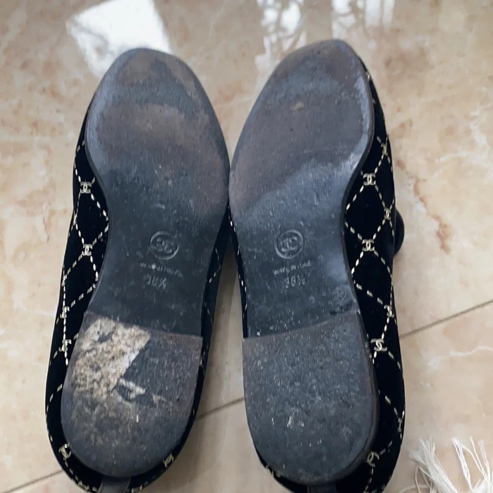 CHANEL Black Velvet Loafers with Silver Detailing - Picture 7 of 8